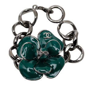Pre-Loved Chanel CC Brass Ruthenium and Enamel Camellia Chain Bracelet